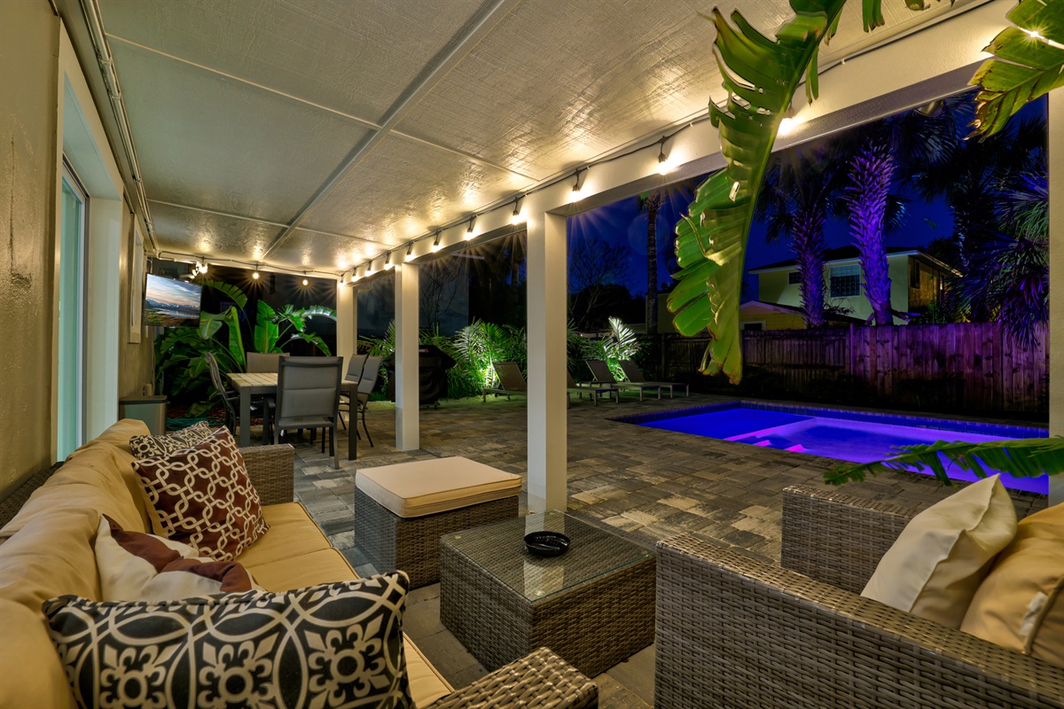 Covered patio at night