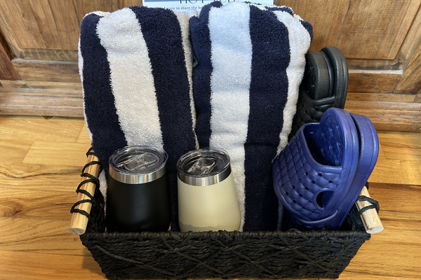 Hot tub and sauna gear - towels, slides, stainless mugs