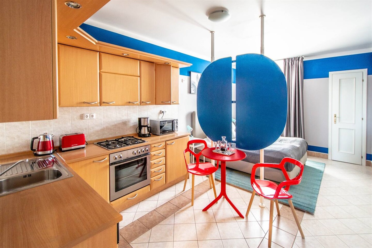 The 1st room is divided in 2 zones by design screen: fully equipped kitchen area and sleeping zone.