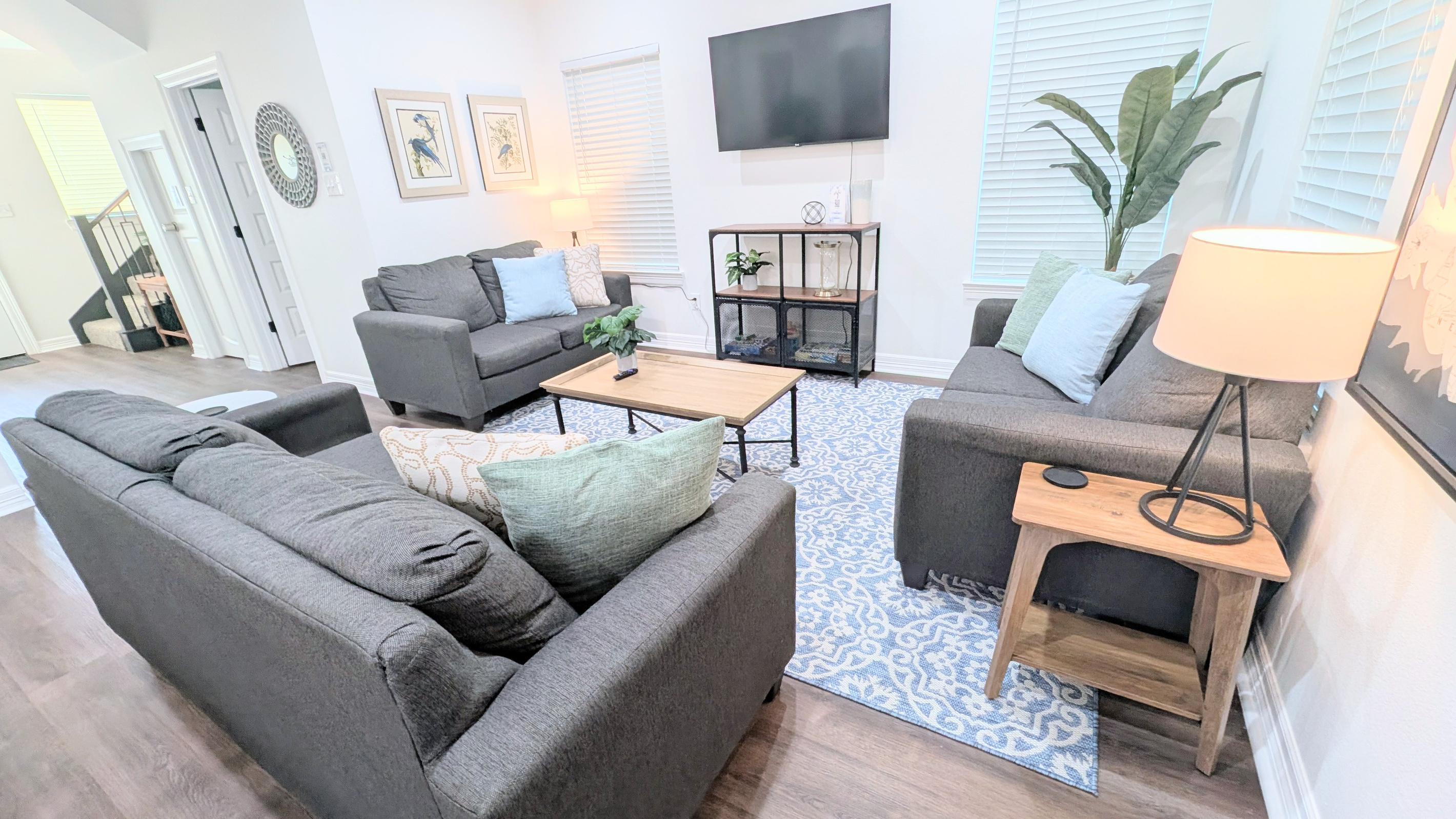 Tons of comfy seating around the Roku TV (bring your log-in to watch your favorite streaming services), or to play a game stocked in the cabinet. 