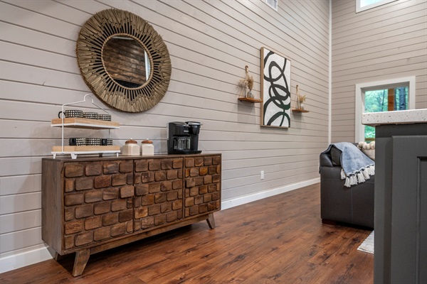 The coffee/Tea bar area is stocked with assorted coffee, teas, and hot cocoa.