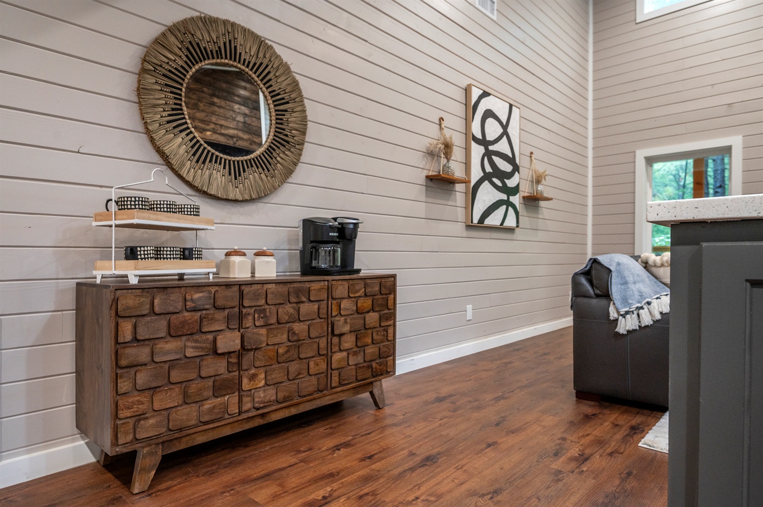 The coffee/Tea bar area is stocked with assorted coffee, teas, and hot cocoa.