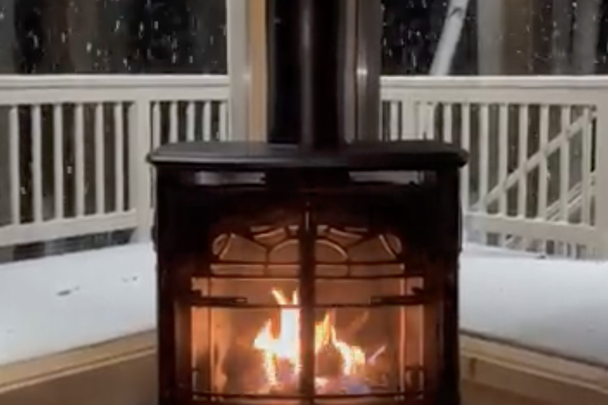 Our main floor fireplace during a December snow storm