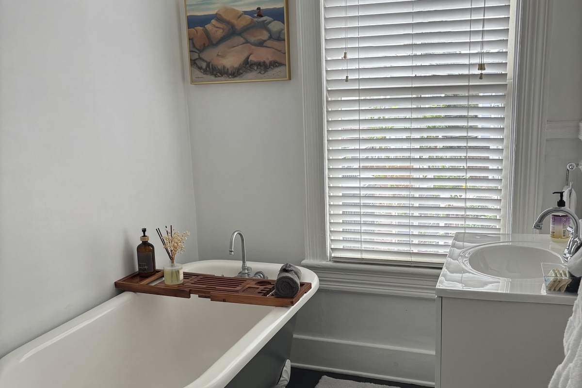 Upstairs bathroom with clawfoot soaking tub