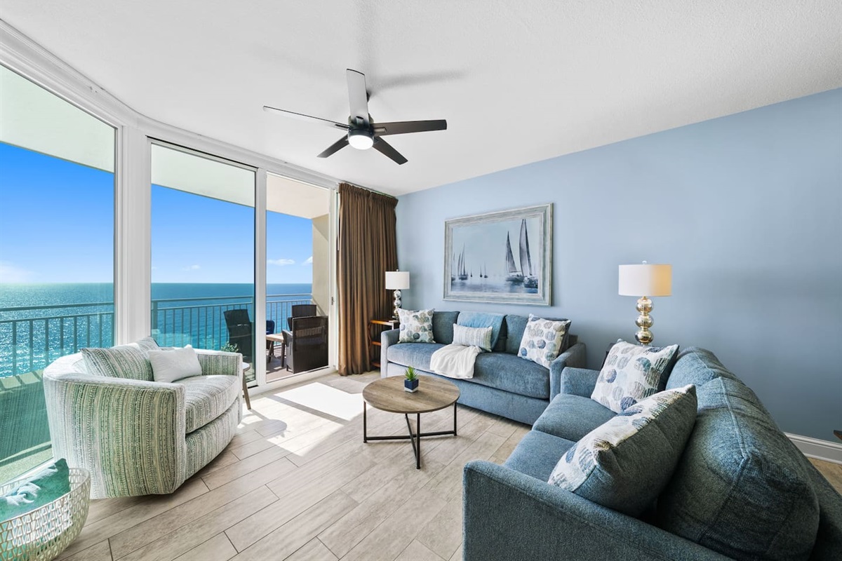 Stunning views abound from the 18th floor Aqua Resort living room at Bleu No. 1809!