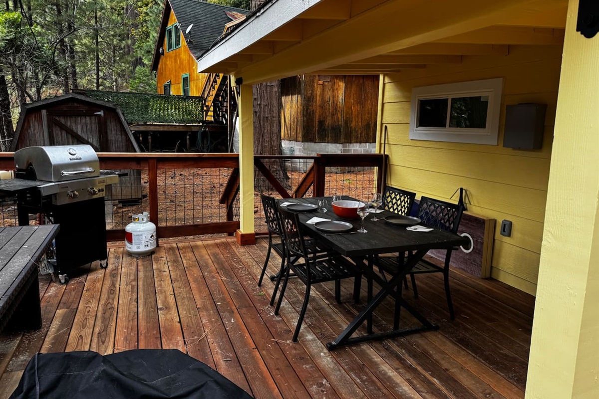 Comfortably seat six for meals under cover but still outdoors. Use the second table for serving, prep or additional seating. 