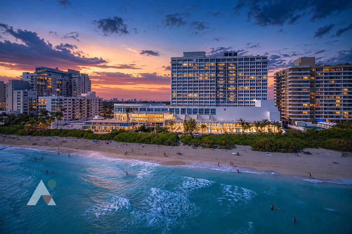 Castle Beach Club at twilight, as the Mid-Beach skyline lights up along the water.