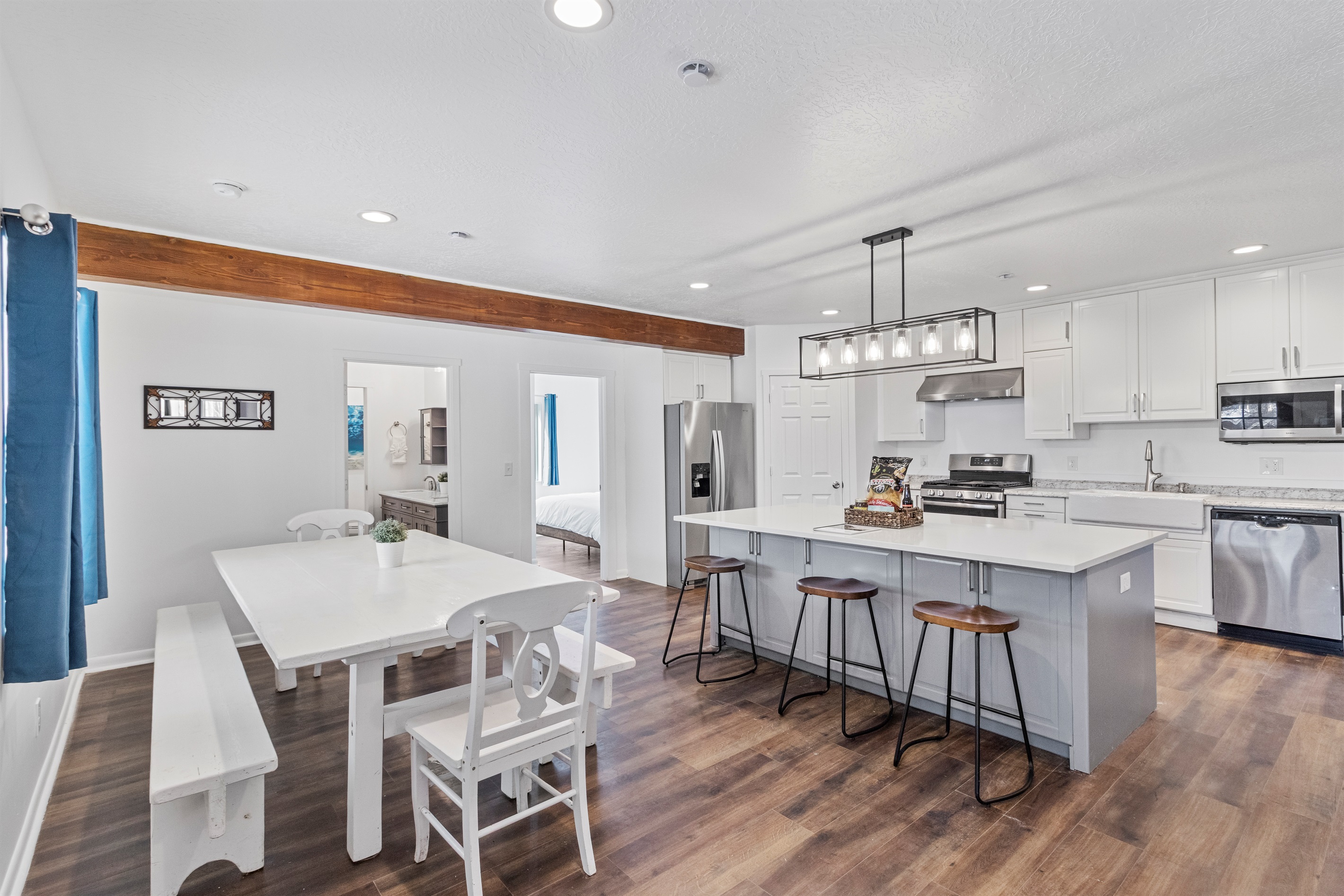Spacious kitchen and dining area with enough seating for up to 12 people.