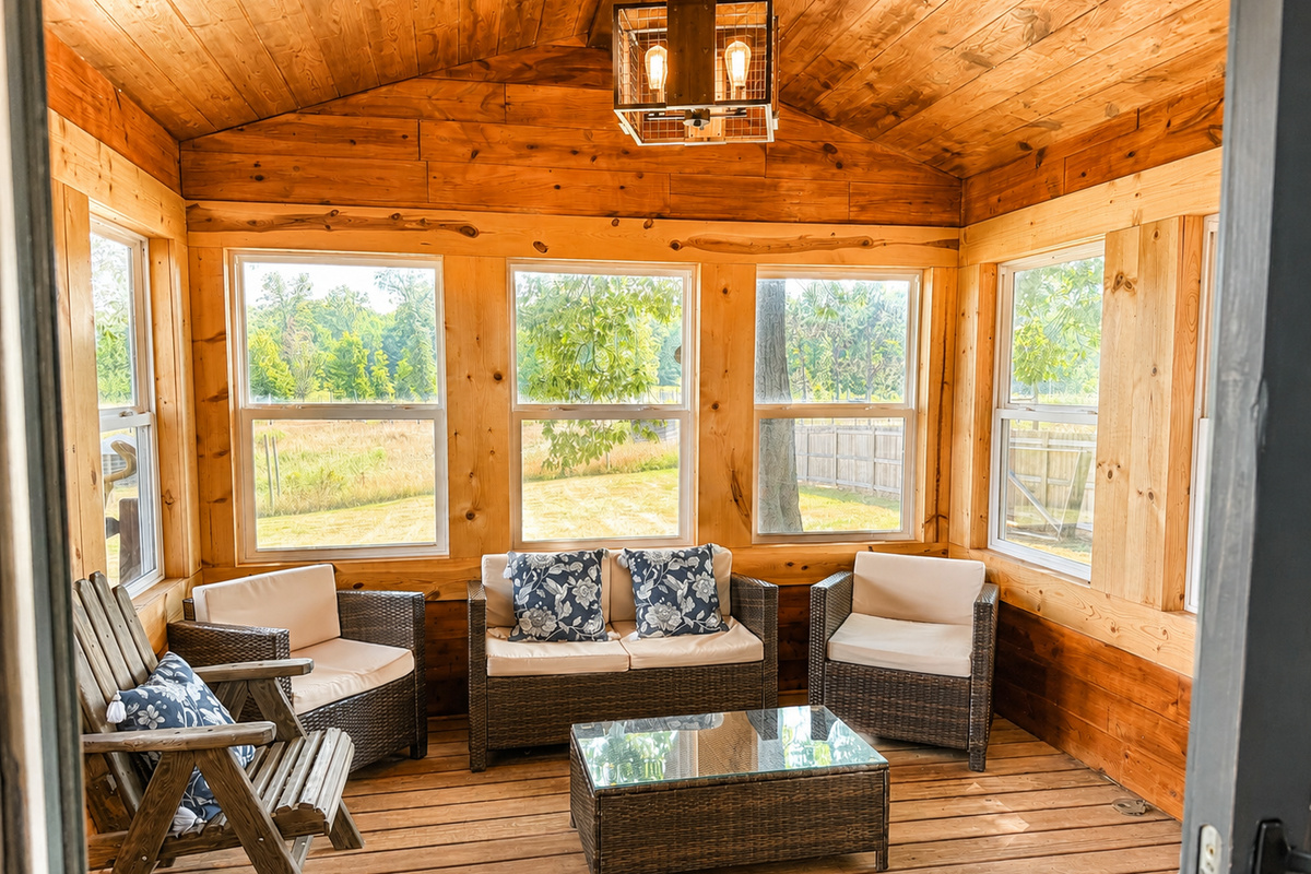 Bright enclosed sunroom just off the living room with walls of windows offers a peaceful place for morning coffee, conversation and enjoying the scenery.
