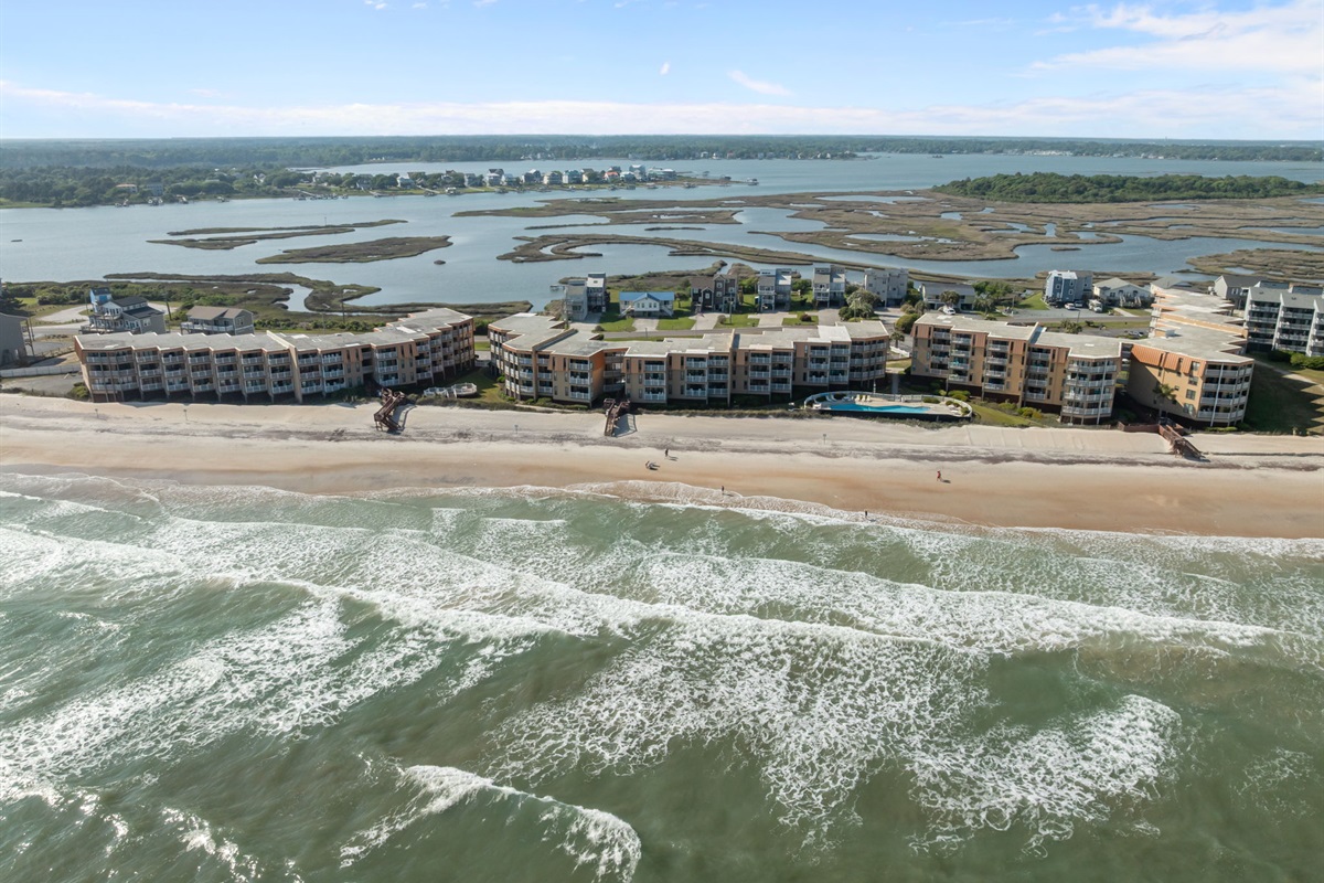 Panoramic shoreline view with Topsail Dunes perfectly positioned between the ocean and the sound