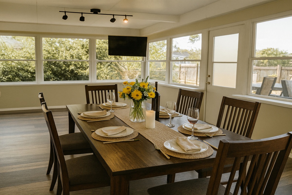Spacious sunroom dining area with large windows, flat-screen TV and comfortable seating—enjoy meals with friends after sunny days at Madeira Beach and exploring Johns Pass from our midterm rental in Seminole, FL.