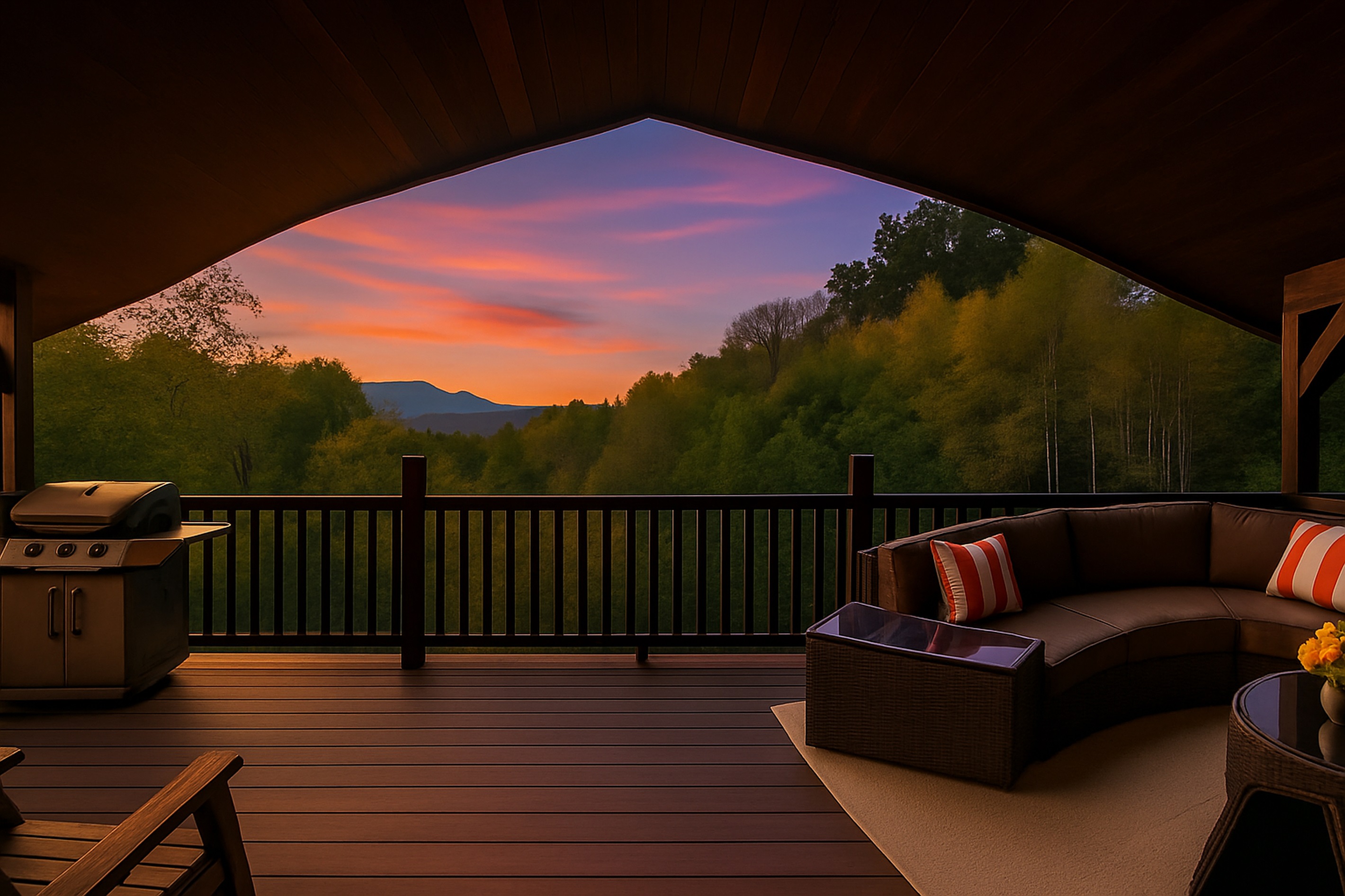 Upper deck views, BBQ propane grill, comfortable seating, gentle breeze, and endless views
