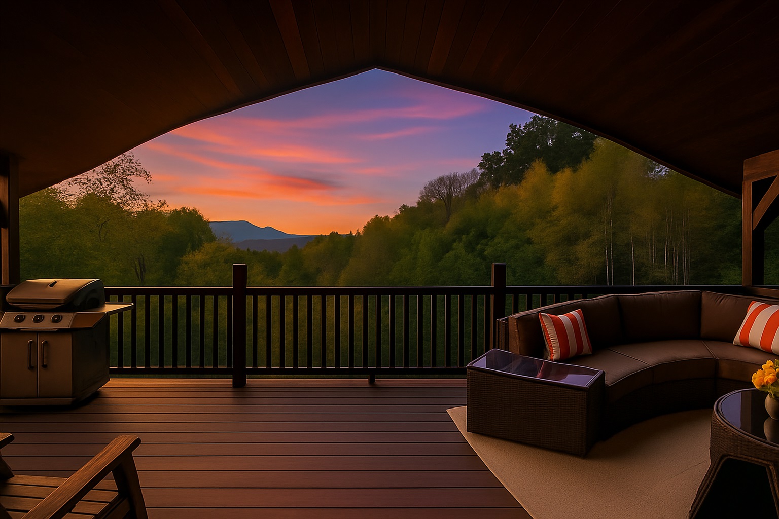 Upper deck views, BBQ propane grill, comfortable seating, gentle breeze, and endless views