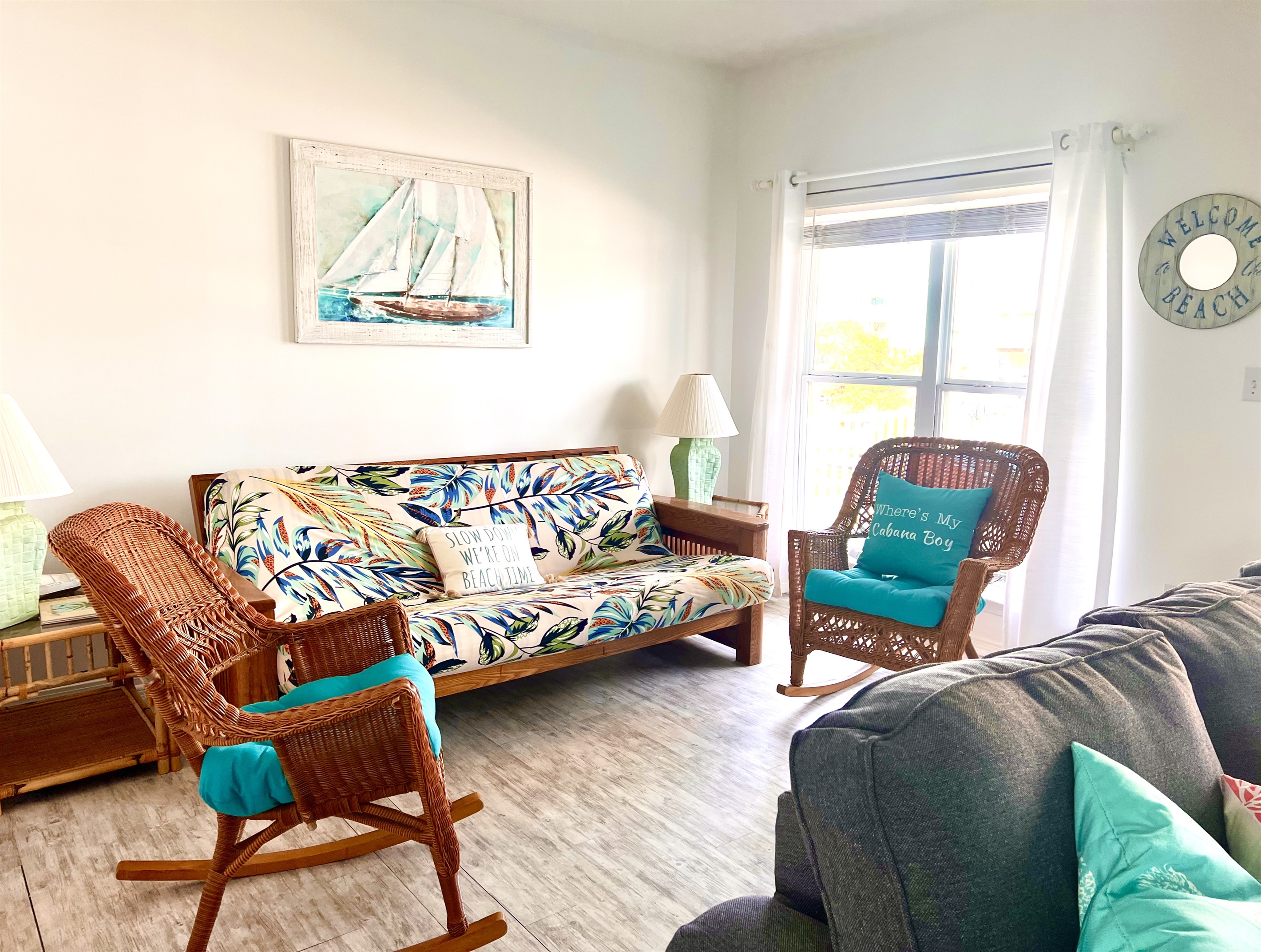 Full size futon with comfy mattress and great extra conversation hangout spot