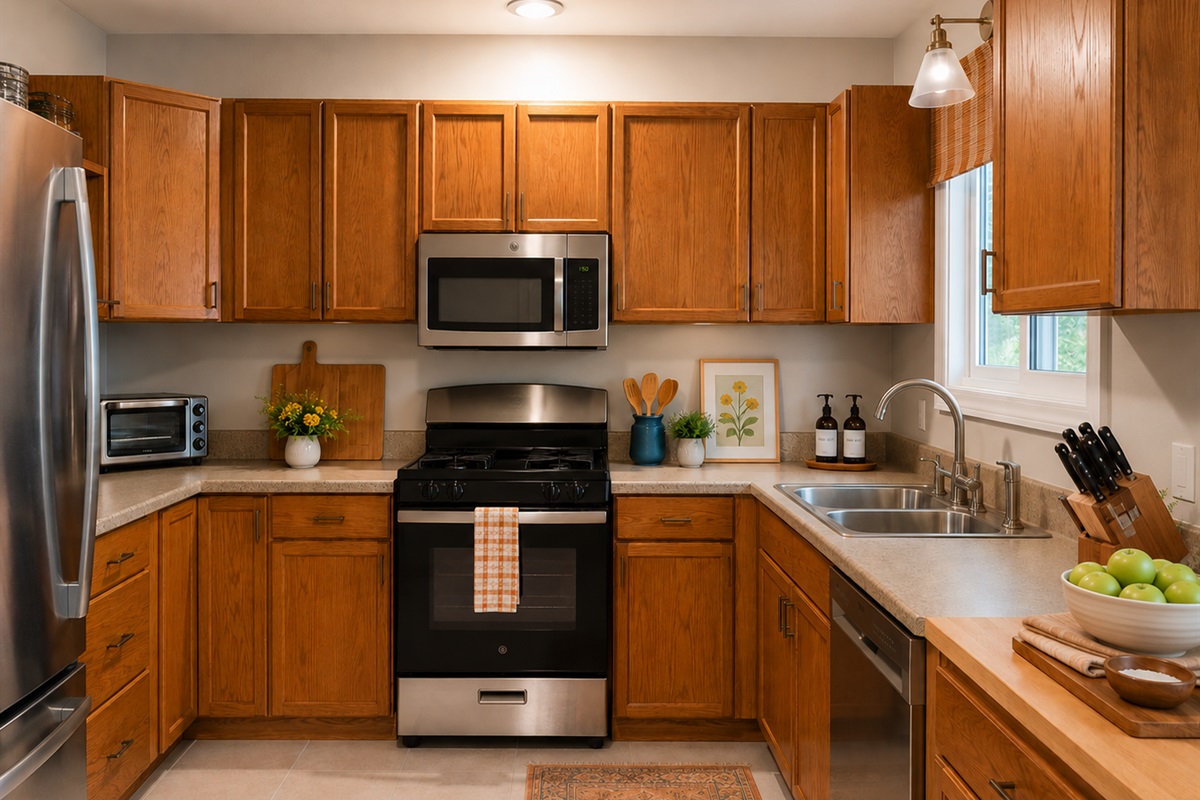 The fully-stocked kitchen is equipped with a dishwasher, toaster oven, blender, crock pot, and hybrid coffee pot which brews a full pot for the group or just one cup using your favorite Keurig flavor you brought from home.