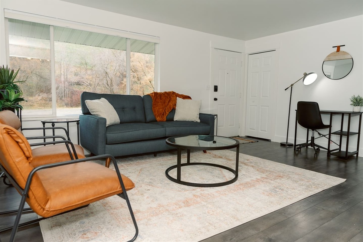 Loving room, facing the front entry, coat closet, and workspace.