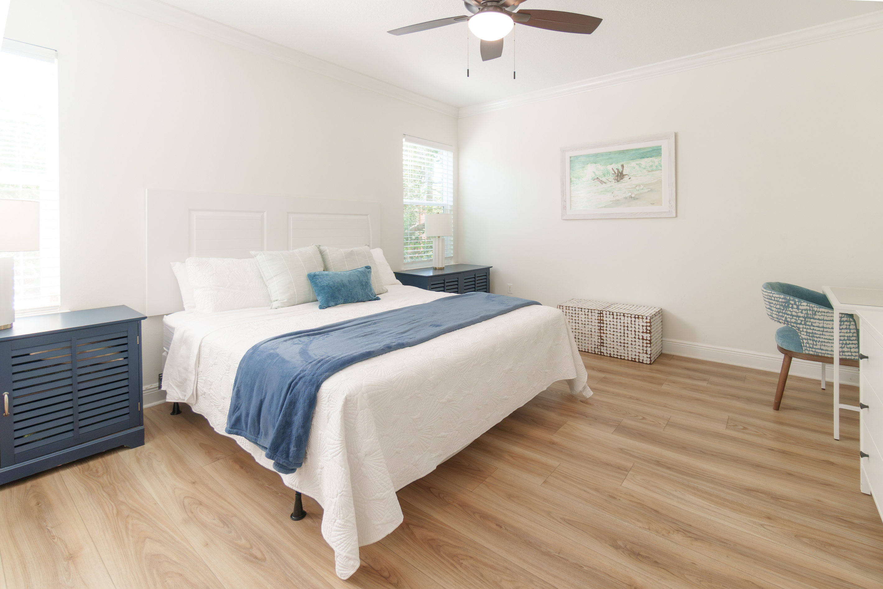 Bright and quietly tucked away on the first floor, a comfortable retreat at the end of a long beach day.