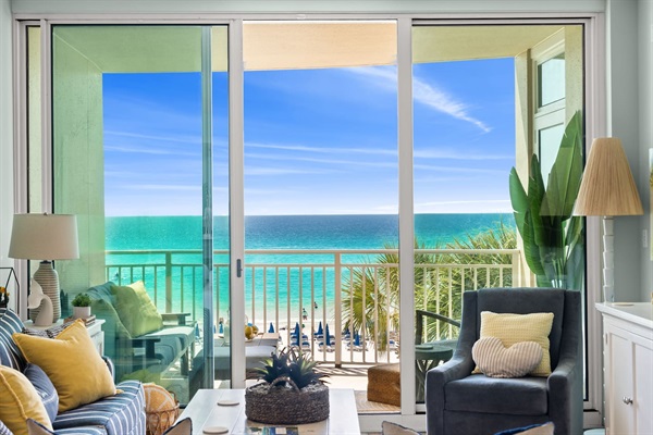 Floor to ceiling sliding doors leads to outdoor living space