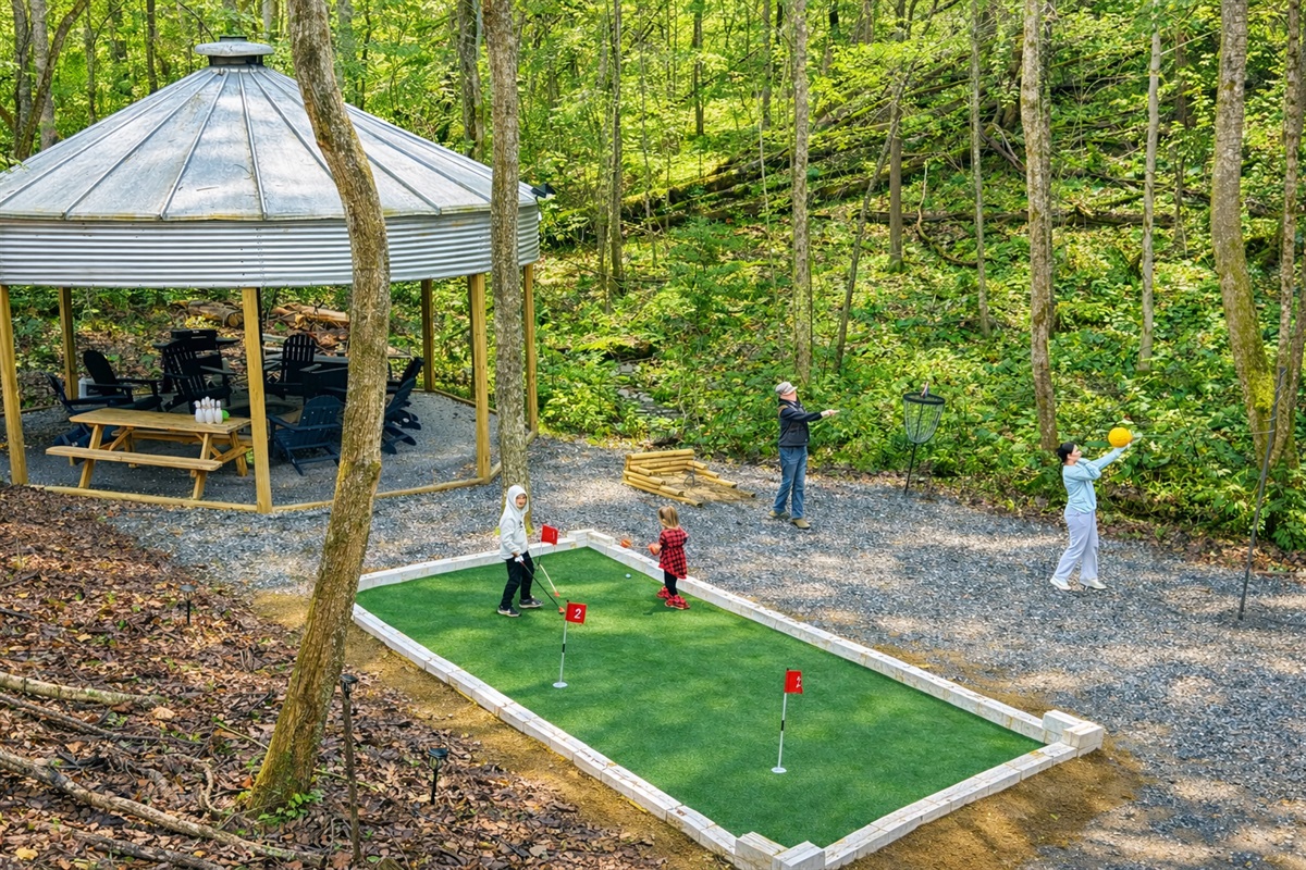 Putt-putt, silo Fire pit, Horse shoes, Disk Golf, Tetherball