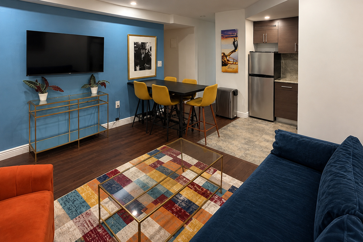 Stylish open-plan living and dining room in Little Italy NYC — modern furnishings in our 2-bedroom Manhattan apartment.