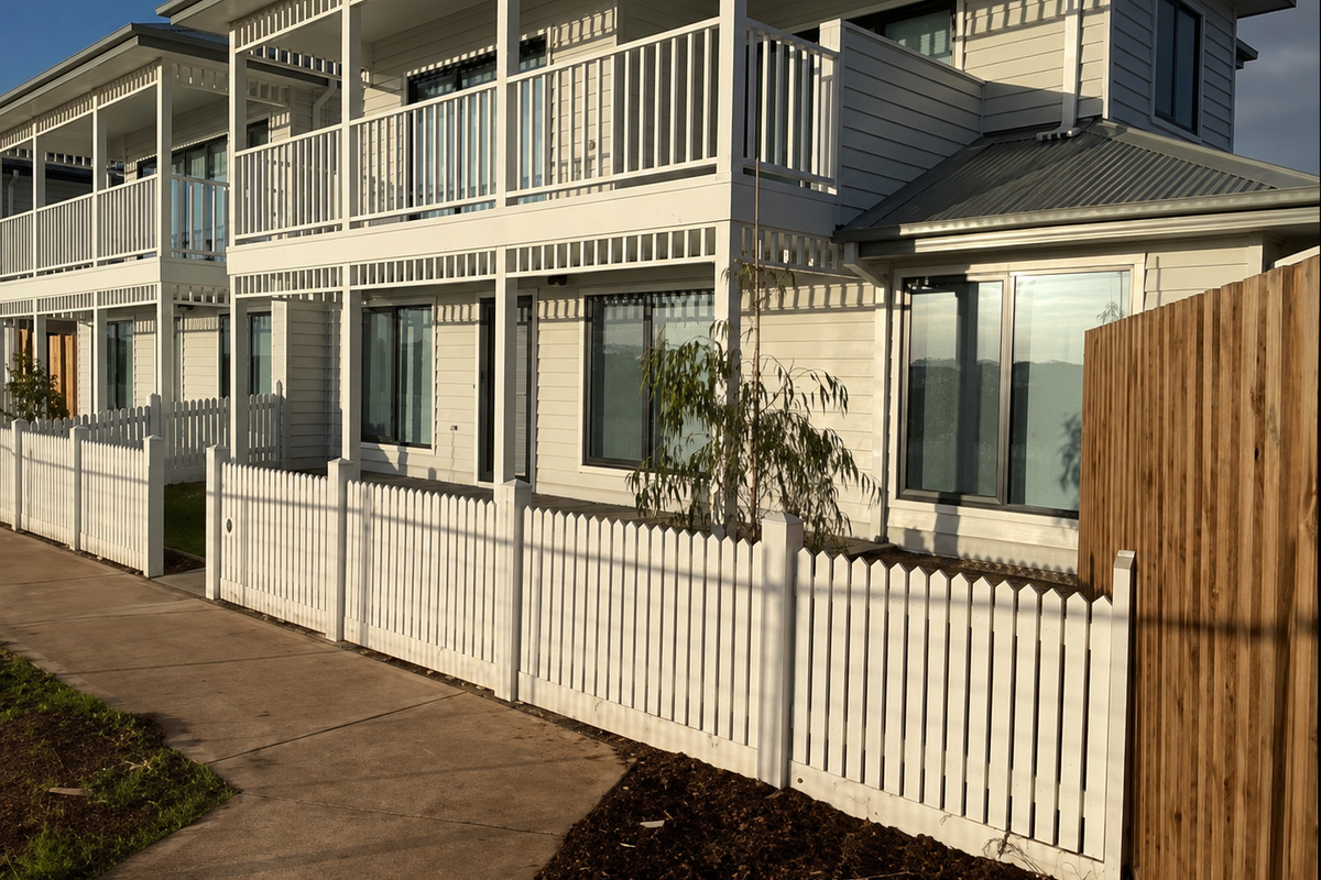 Row of townhouses from the street, showing this home's upstairs balcony, ground-floor verandah and white picket fence.
