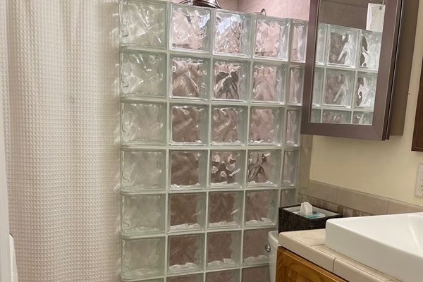 Clean, updated bathroom with walk-in shower and glass block feature wall for natural light.
