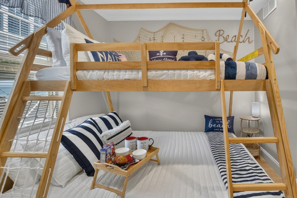 Comfortable bunk beds provide a fun and practical sleeping setup for guests of all ages.