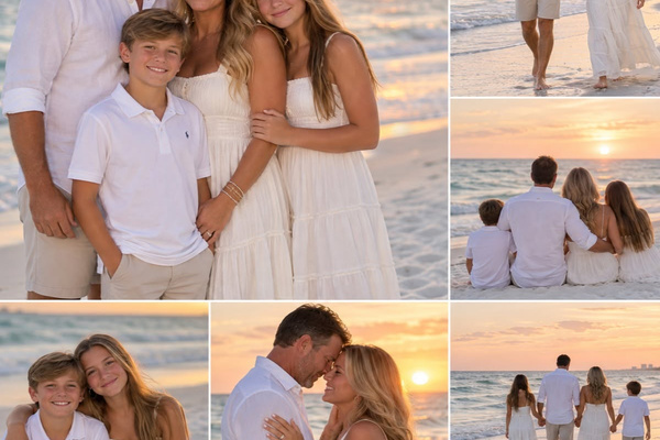 AI-created family beach sunset inspiration. Panama City Beach outings are off-property; this home is not beachfront.
