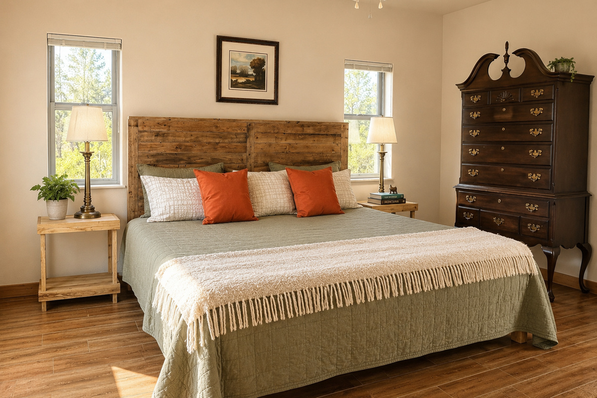 Nightstands, reading lamps, and a comfortable chair make the bedroom an easy place to slow down at the end of the day.