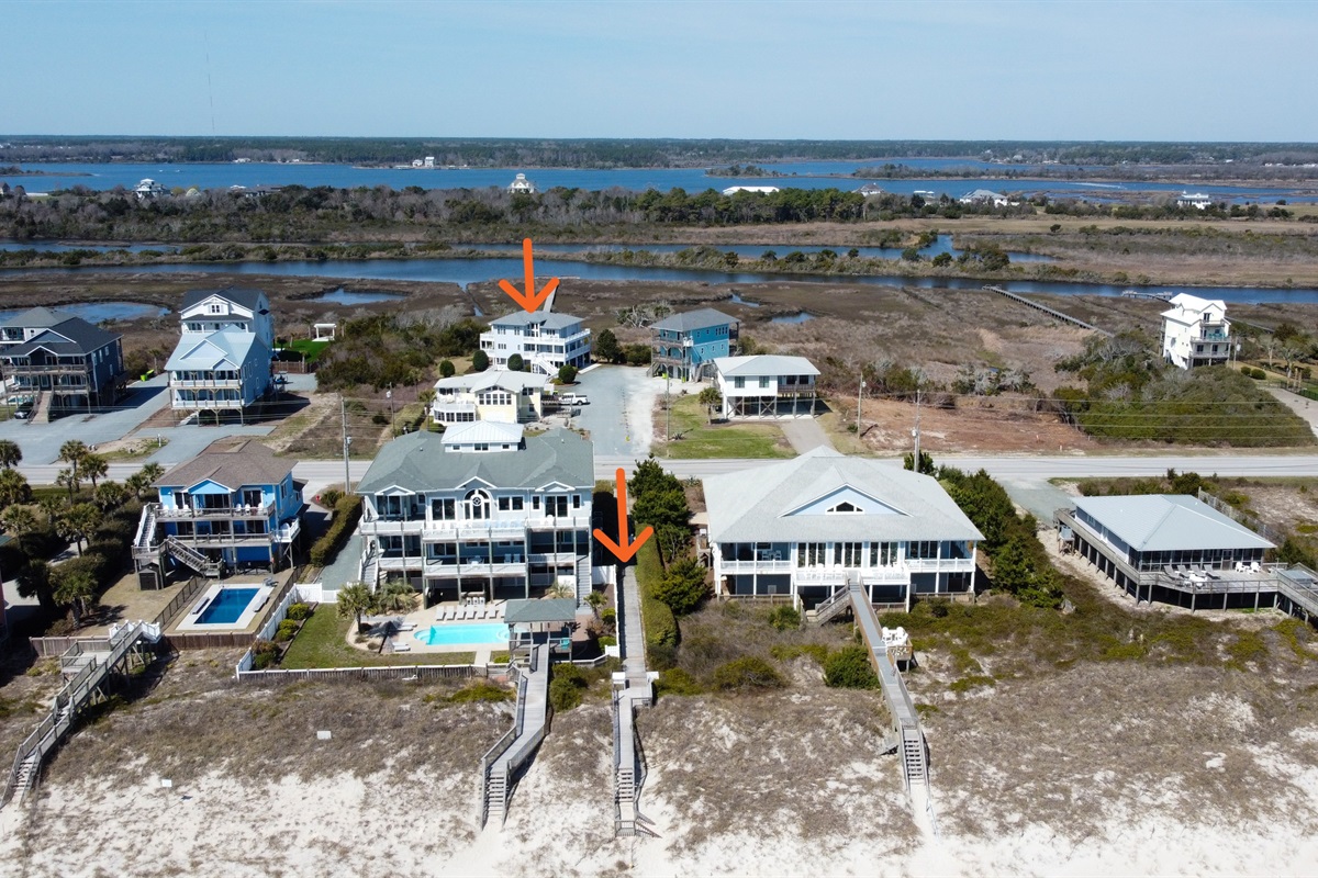 Aerial view showing the beach access and proximity to the home