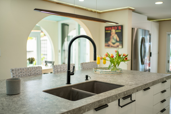 The is view features our Island with double sink and 3 stools for gathering around in Dorado, Puerto Rico.