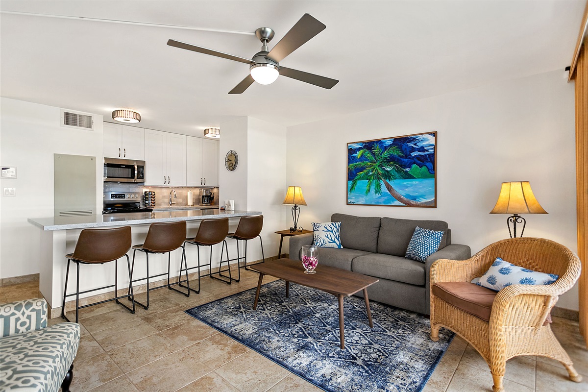 Looking from the lanai into the livingroom and modern kitchen