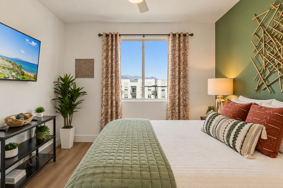 Sleep in comfort in the modern bedroom featuring soft linens, and a relaxing, quiet environment.