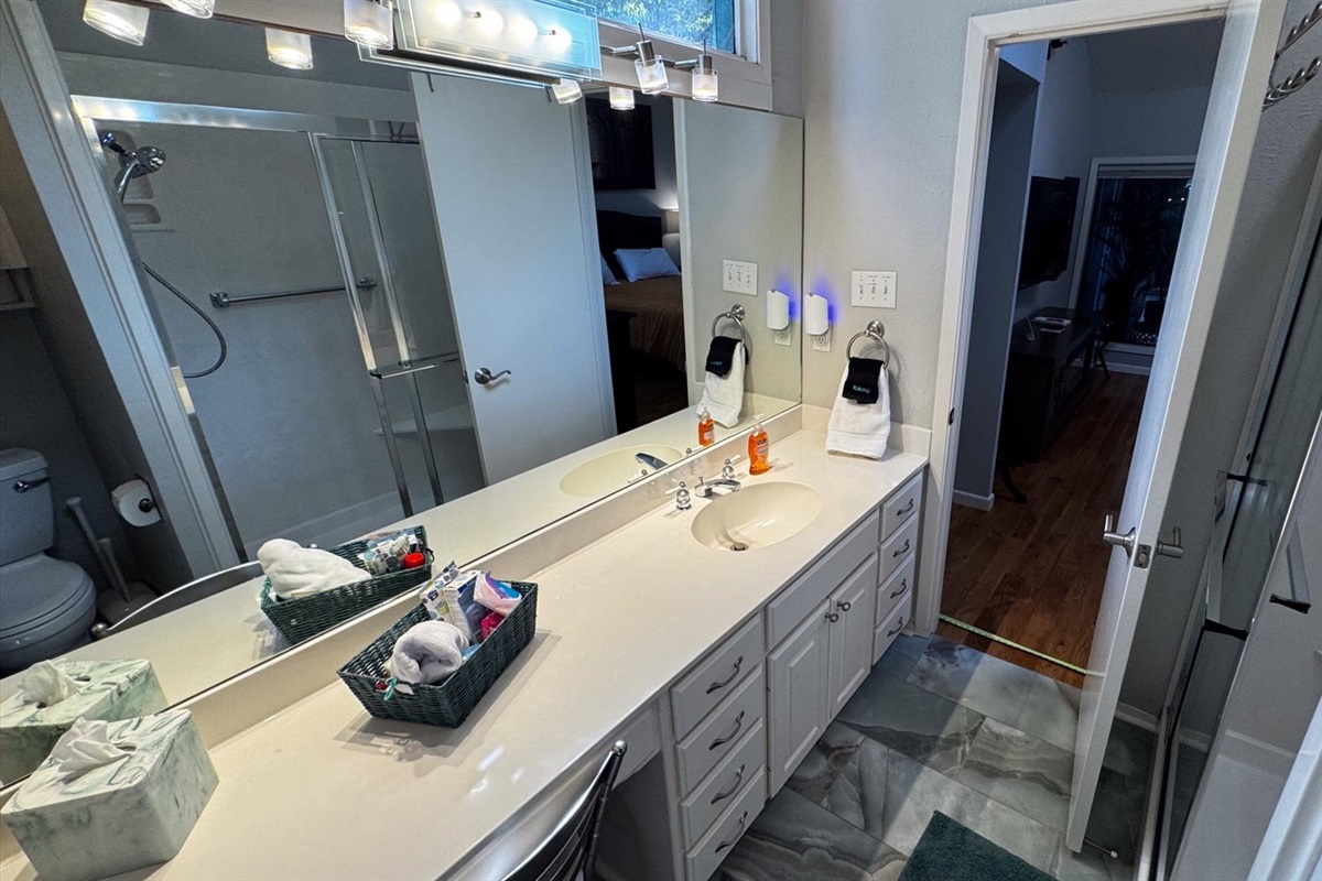 King 2 Suite Bathoom looking into the bedroom.