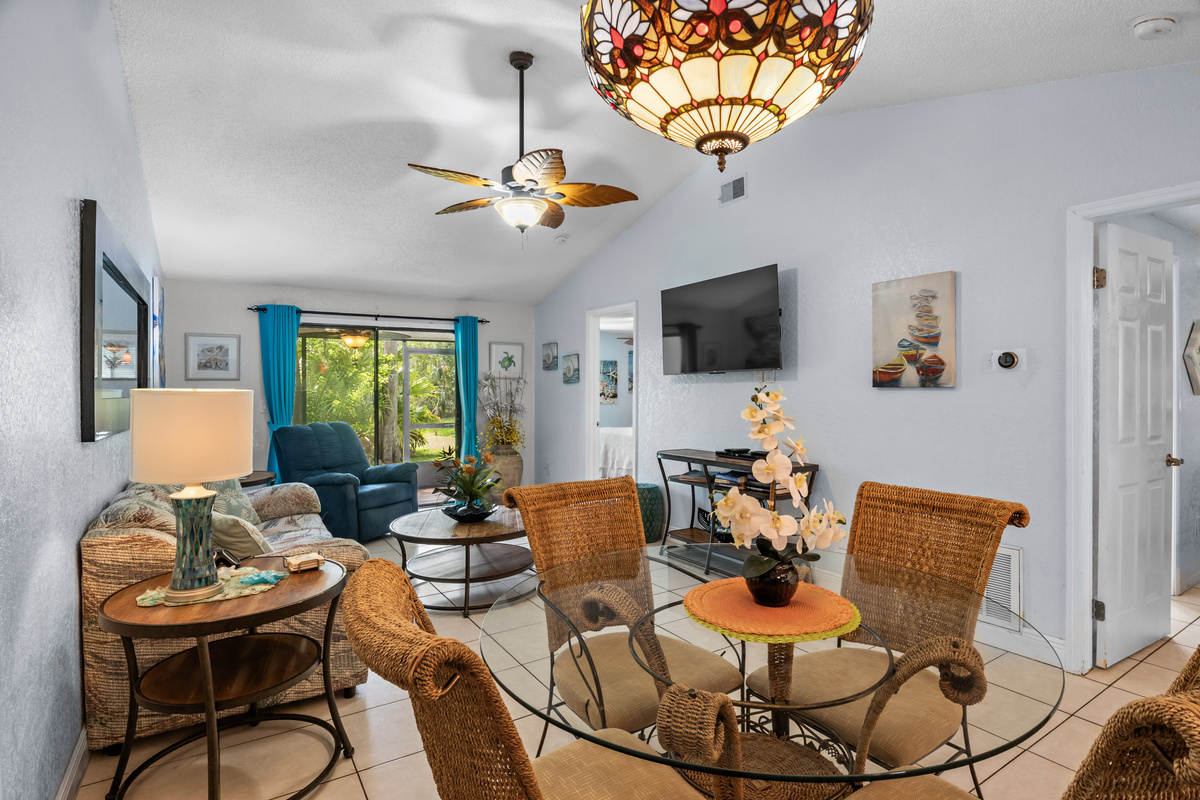 Dining area near family room TV.