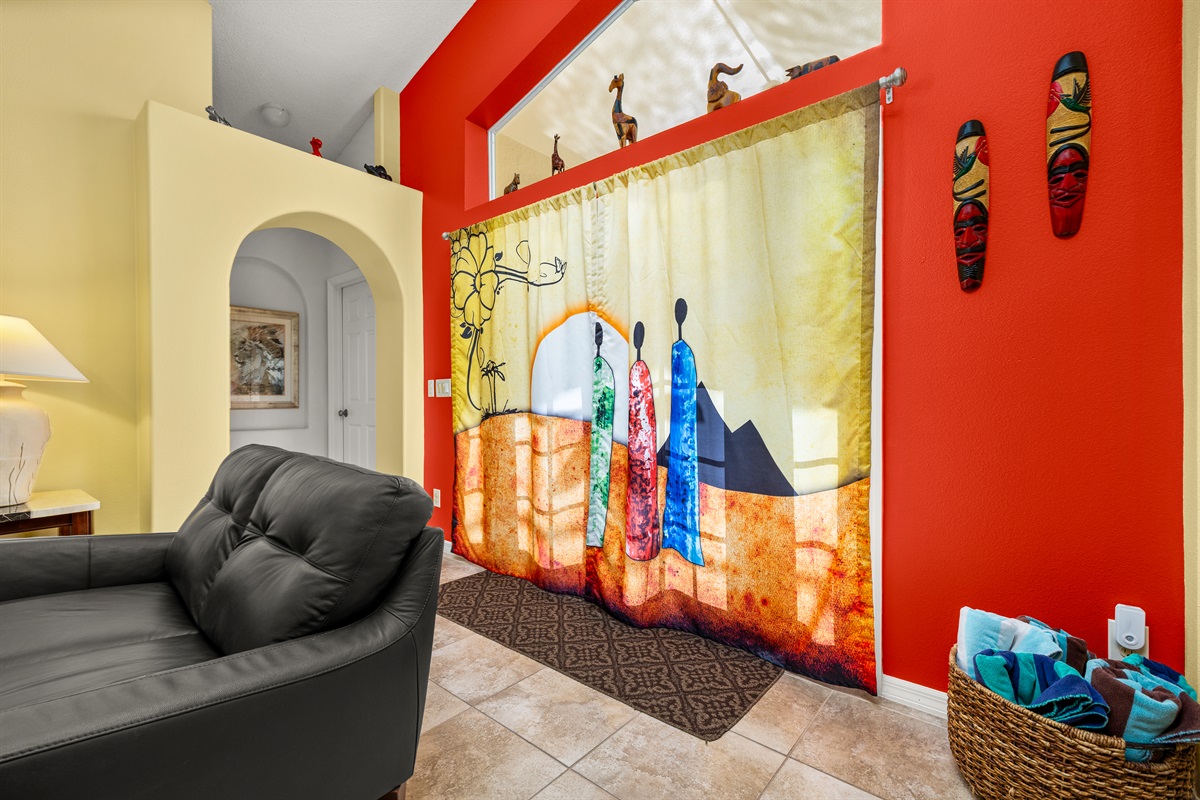 We just love these African themed curtains on the French doors to the lanai!