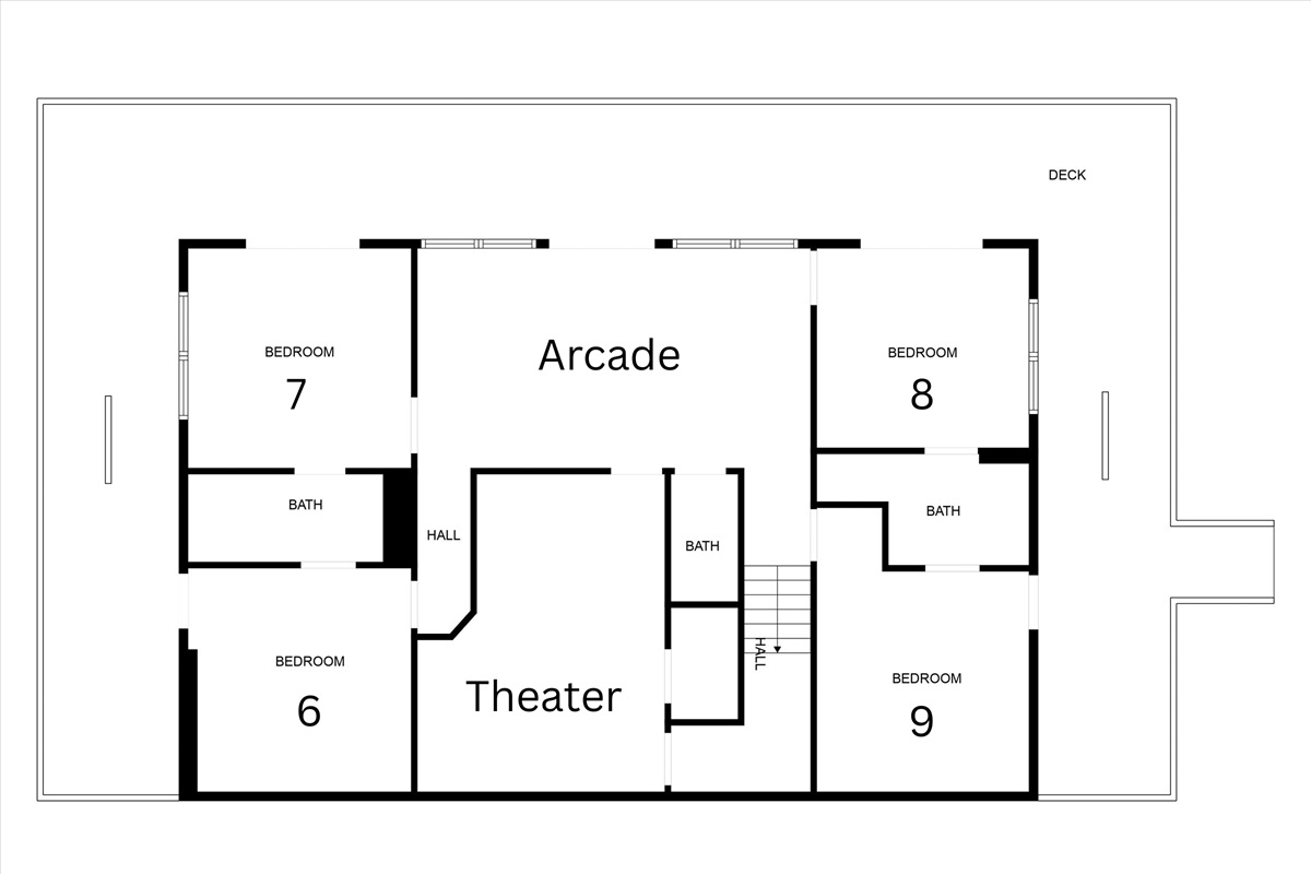 Lower Floor.  Bedrooms 6, 7, and 9 are bunk rooms for kids/teens.  Bedroom 8 is a king bedroom.  There is a movie theater and arcade down here.  Perfect for the kids!