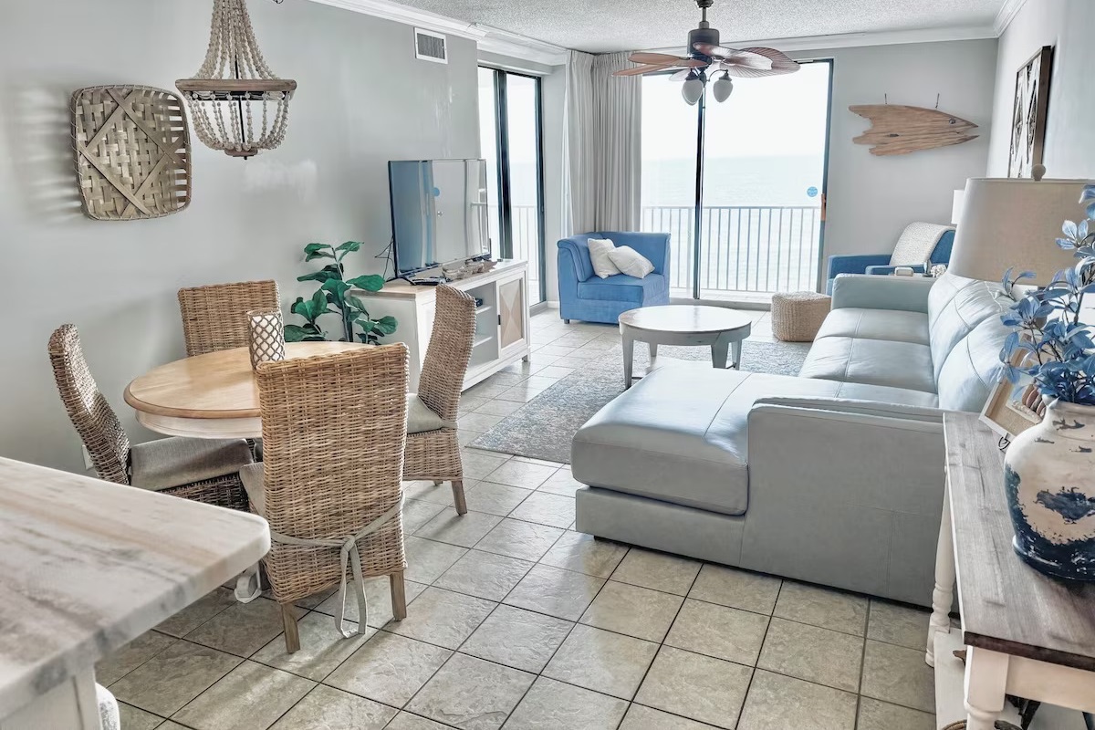 Comfortable seating, updated space with coastal textures. Be at the beach but have those modern designs and comforts.