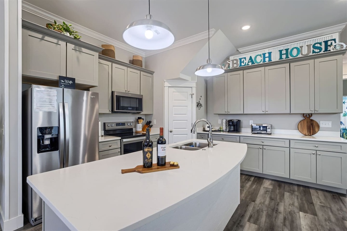 Full of every pot, Pan, wine glasses, and anything else you need for a family dinner