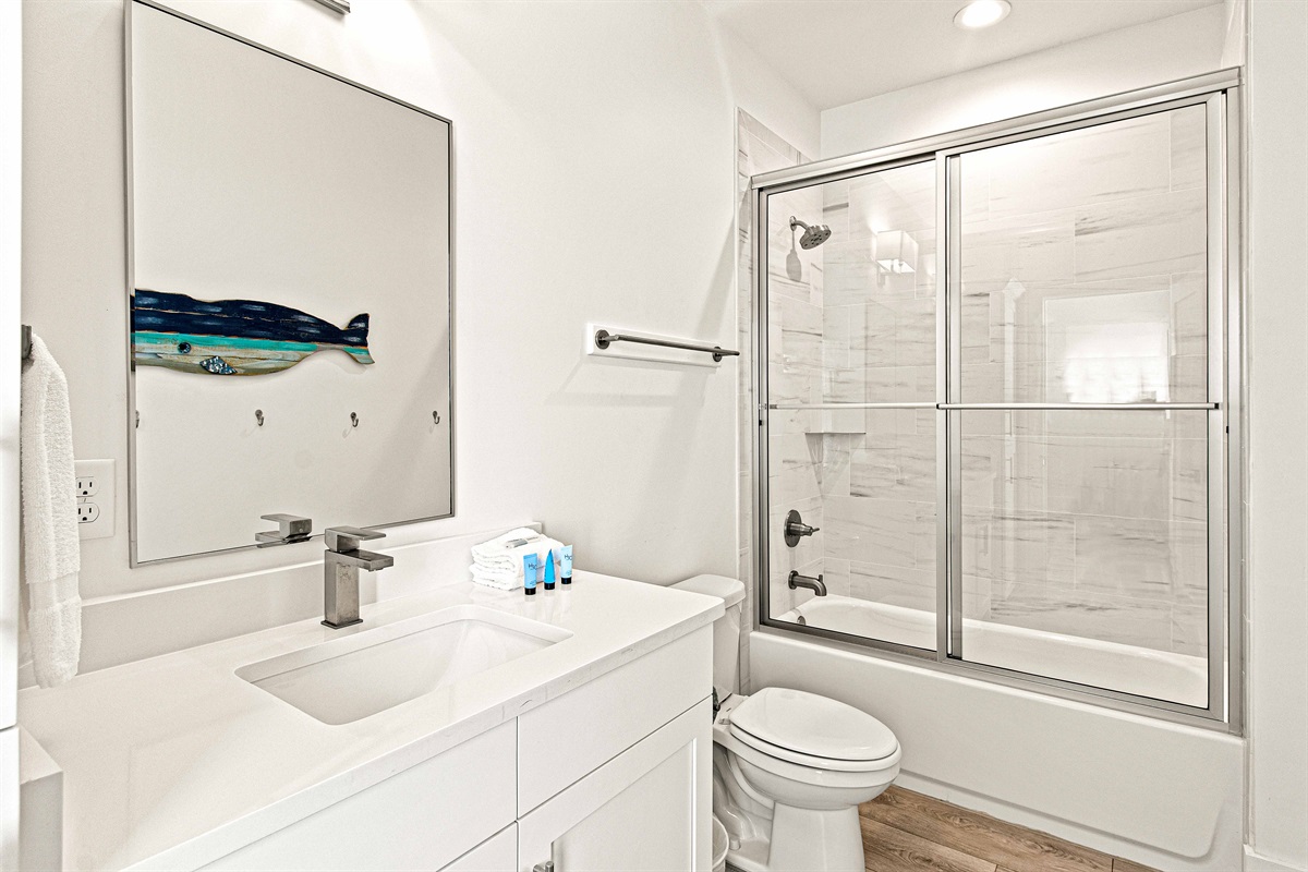 Spacious for 4, bathtub bathroom and towel hooks for all! Large cabinetry keeps everyone organized also.