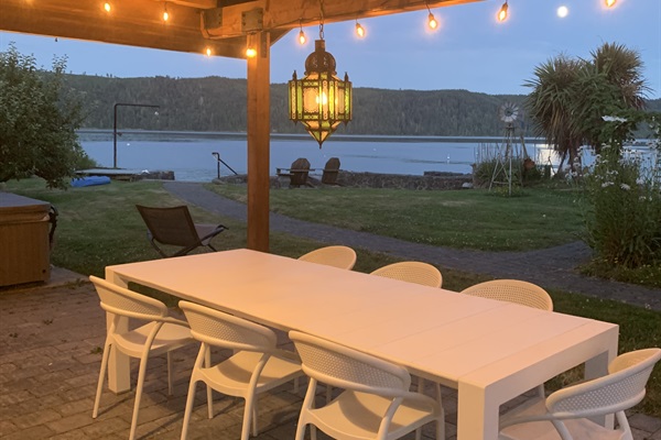 Dining table by outdoor kitchen