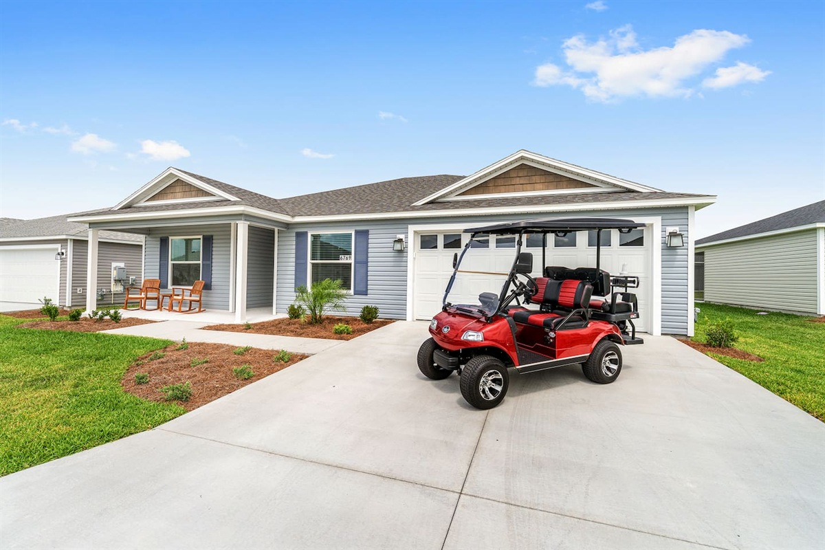 Electric golf cart that seats 4 is provided for your use.  Please be sure to review the golf cart rules of the road that is provided at the home prior to use.