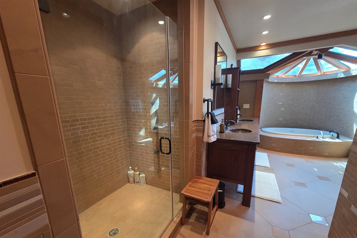 The master bathroom offers a spa-like experience with a deep soaking tub and a large walk-in shower designed for comfort and relaxation.