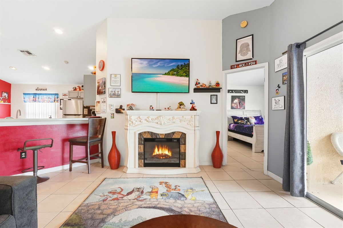 Spacious Living Room with Indoor Fireplace