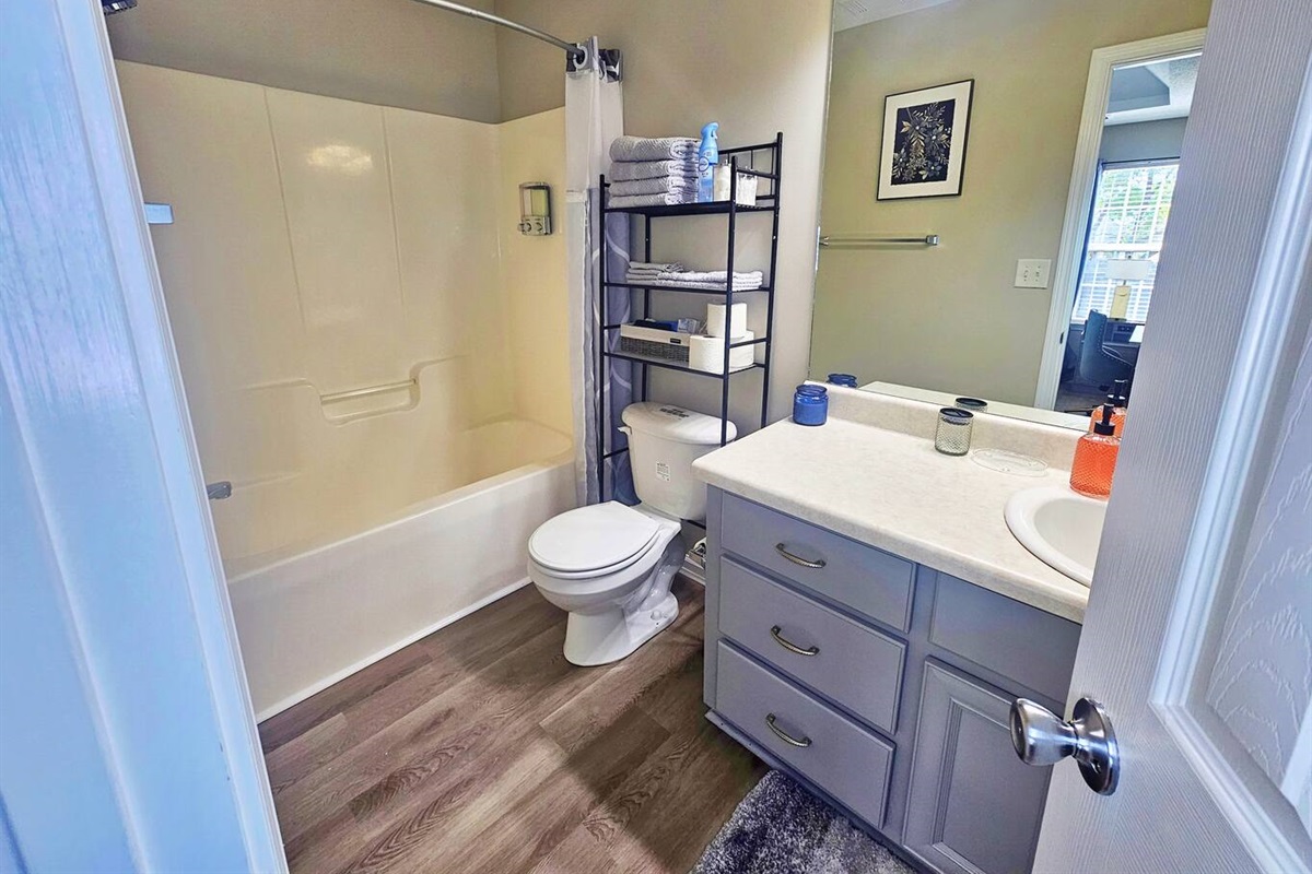 Full-size bathroom attaches to the main room. It contains all your necessities and a little extra. 