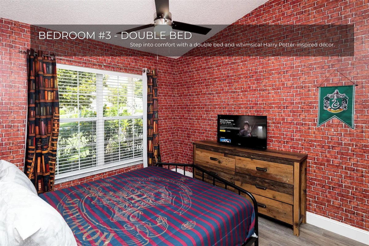Bedroom 3 is perfect for Potter fans with themed décor and a cozy double bed.