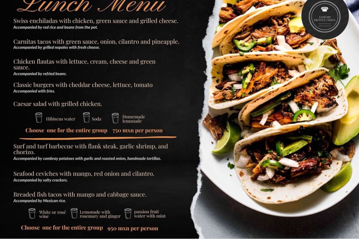 Private chef available. Pricing will be discussed directly with the chef. $50-100/per person