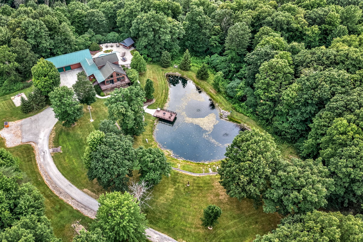 Aerial view of the pond and driveway