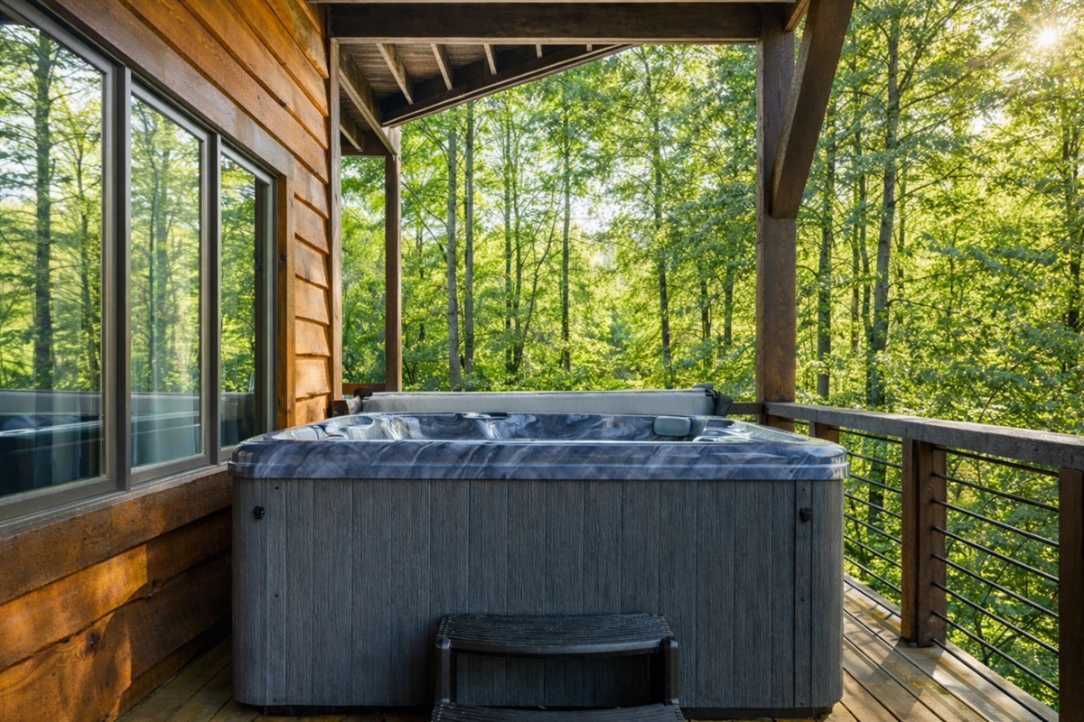 The soothing hot tub offers a calming escape, perfect for unwinding and relaxing.