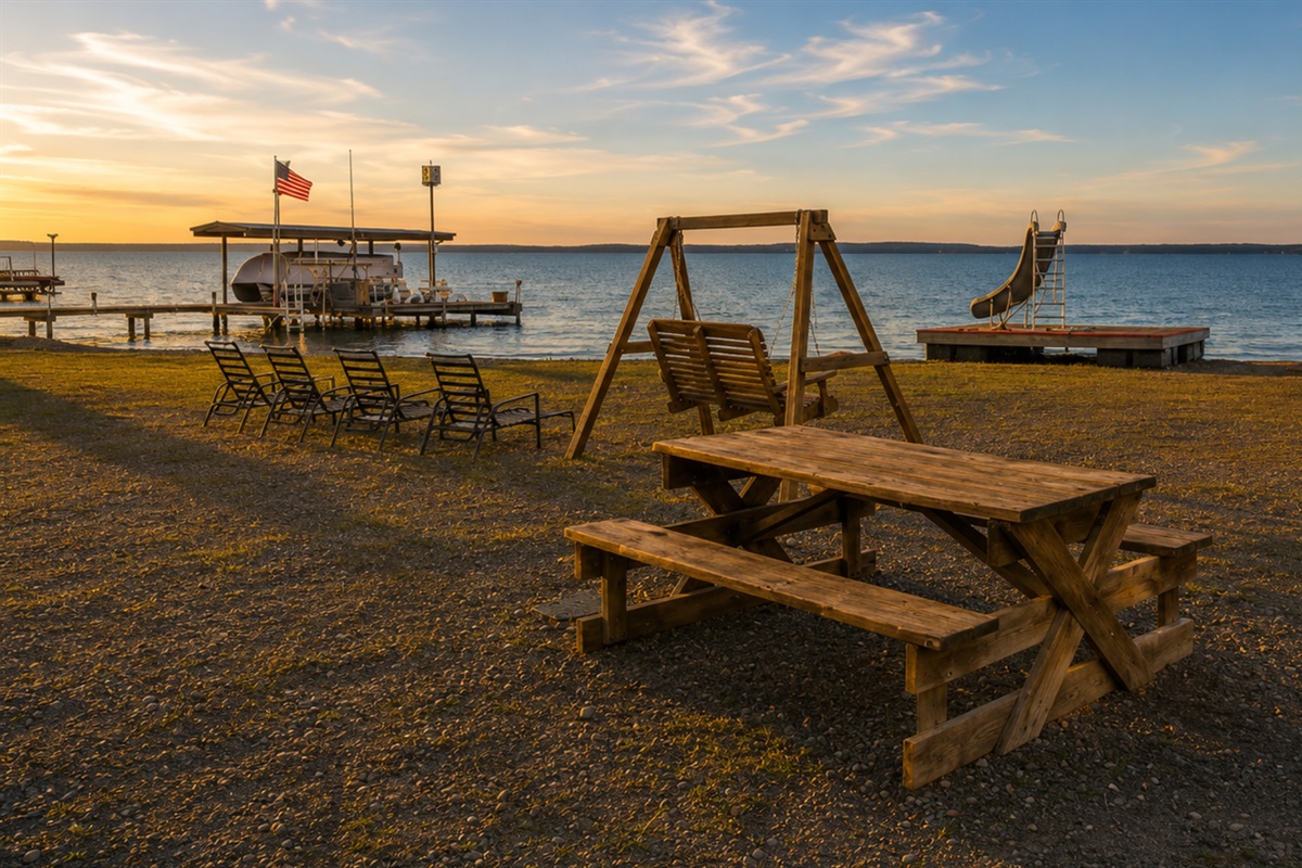 Step outside to a beautiful lakeside view with a picnic area and swing set, perfect for outdoor gatherings. The ideal spot to unwind and enjoy the fresh air. 🏖️🍂🎉